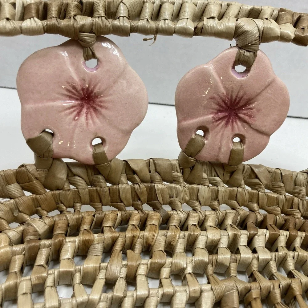 Rare Vintage Woven‎ Raffia Market With Porcelain Hibiscus Flower Adornment 11'
